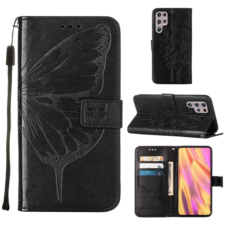 Embossed Butterfly Leather Phone Case with Holder & Card Slot & Wallet & Lanyard, For Samsung Galaxy S22+ 5G, For Samsung Galaxy S22 Ultra 5G, For Xiaomi Mi 11T 5G / 11T Pro 5G