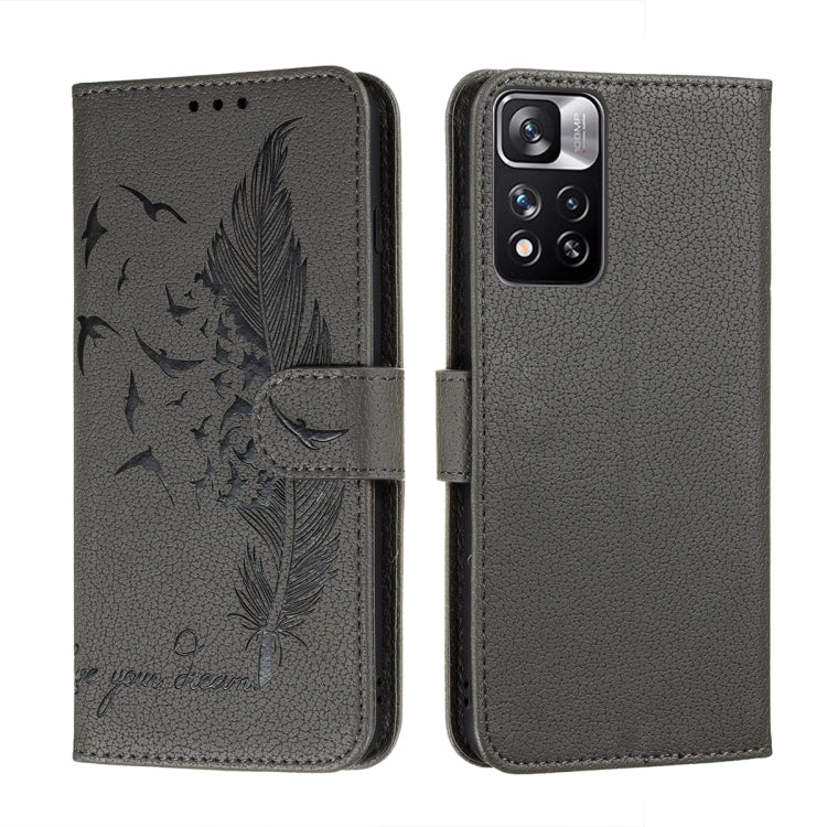 Feather Pattern Litchi Texture Leather Phone Case with Holder & Card Slots & Wallet, For Xiaomi Redmi Note 11 Pro