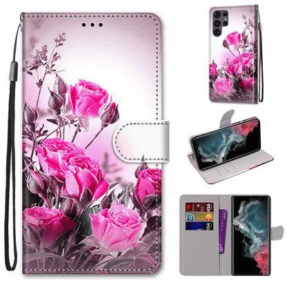 Coloured Drawing Cross Texture Horizontal Flip Leather Phone Case with Holder & Card Slots & Wallet & Lanyard, For Samsung Galaxy S22 Ultra 5G