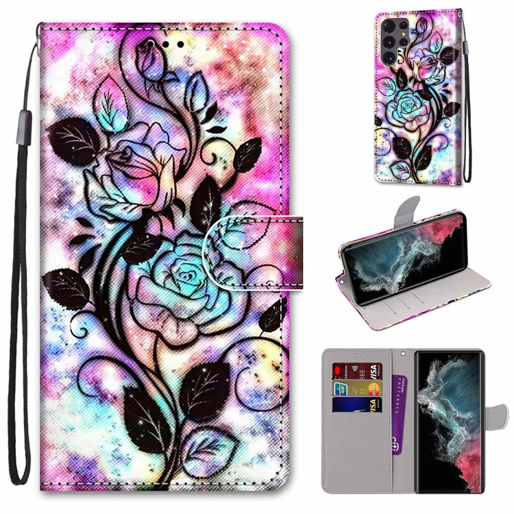 Coloured Drawing Cross Texture Horizontal Flip Leather Phone Case with Holder & Card Slots & Wallet & Lanyard, For Samsung Galaxy S22 Ultra 5G