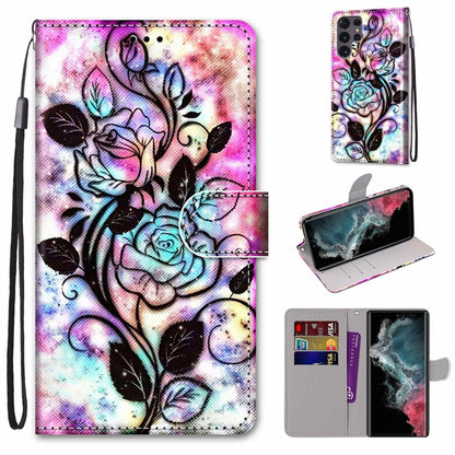 Coloured Drawing Cross Texture Horizontal Flip Leather Phone Case with Holder & Card Slots & Wallet & Lanyard, For Samsung Galaxy S22 Ultra 5G