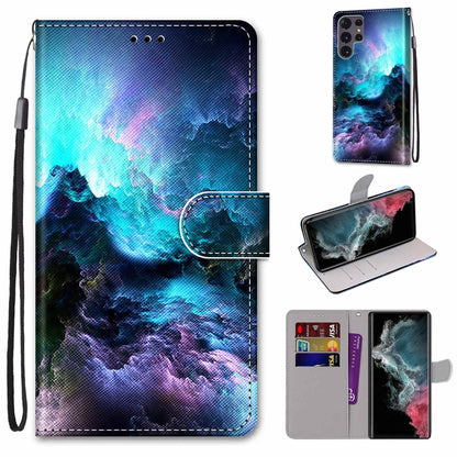 Coloured Drawing Cross Texture Horizontal Flip Leather Phone Case with Holder & Card Slots & Wallet & Lanyard, For Samsung Galaxy S22 Ultra 5G