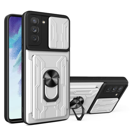 Camera Cover Phone Case with Card Slot & Holder, For Samsung Galaxy S21 FE 5G