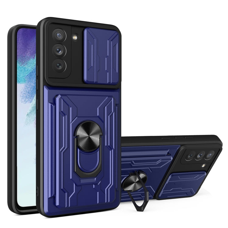 Camera Cover Phone Case with Card Slot & Holder, For Samsung Galaxy S21 FE 5G