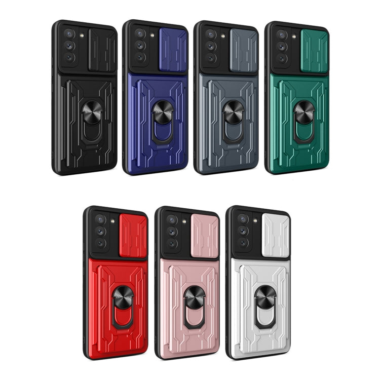 Camera Cover Phone Case with Card Slot & Holder, For Samsung Galaxy S21 FE 5G