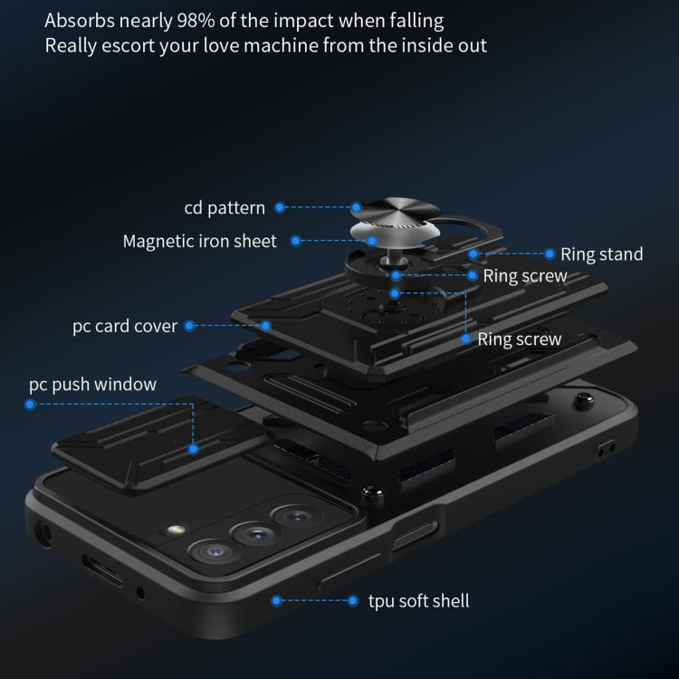 Camera Cover Phone Case with Card Slot & Holder, For Samsung Galaxy S21 FE 5G