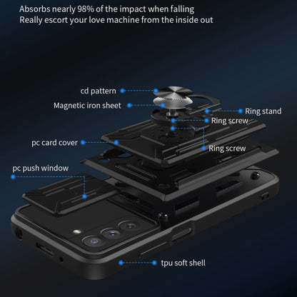 Camera Cover Phone Case with Card Slot & Holder, For Samsung Galaxy S21 FE 5G