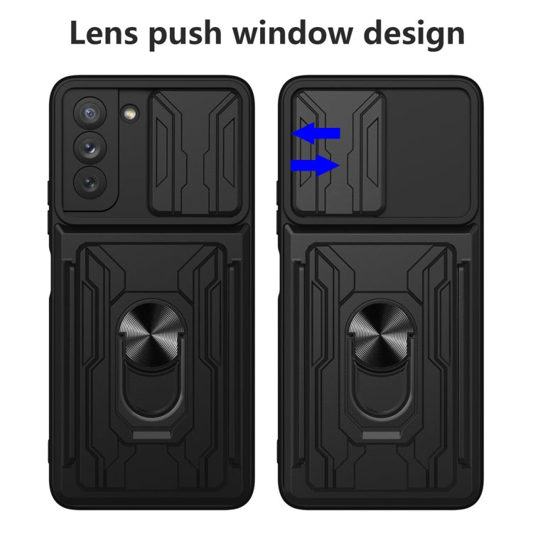 Camera Cover Phone Case with Card Slot & Holder, For Samsung Galaxy S21 FE 5G