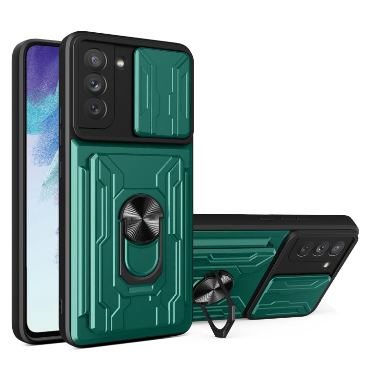 Camera Cover Phone Case with Card Slot & Holder, For Samsung Galaxy S21 FE 5G