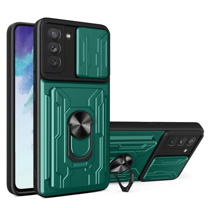 Camera Cover Phone Case with Card Slot & Holder, For Samsung Galaxy S21 FE 5G
