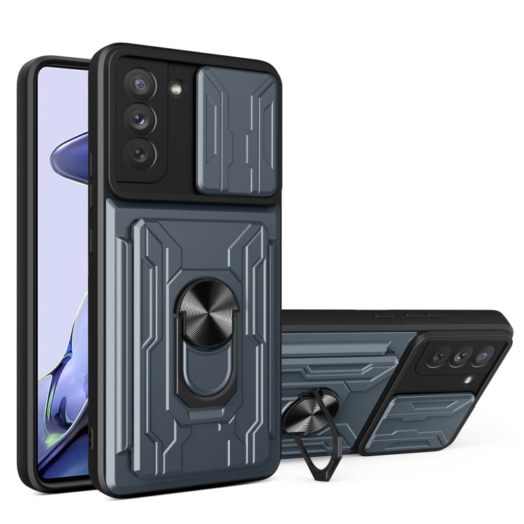 Camera Cover Phone Case with Card Slot & Holder, For Samsung Galaxy S21 FE 5G