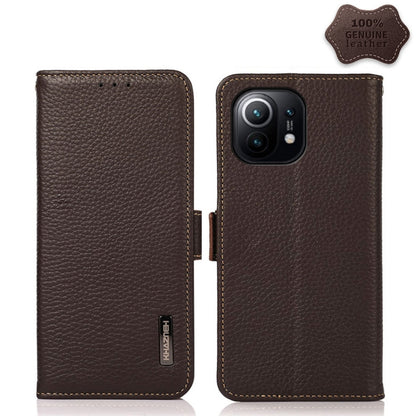 KHAZNEH Side-Magnetic Litchi Genuine Leather RFID Phone Case, For Xiaomi Mi 11 Lite 5G / Mi 11 Lite, For Xiaomi Mi 11, For Xiaomi Mi 11T / Mi 11T Pro, For Xiaomi Redmi Note 10 5G, For Xiaomi Redmi Note 10 Pro, For Xiaomi Redmi K40 Pro / Poco F3