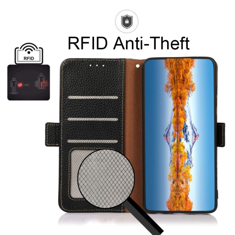 KHAZNEH Side-Magnetic Litchi Genuine Leather RFID Phone Case, For OnePlus 10 Pro 5G, For OnePlus N20 5G, For OnePlus 9, For OnePlus 9R, For OnePlus 9RT 5G, For OnePlus Nord 2 5G