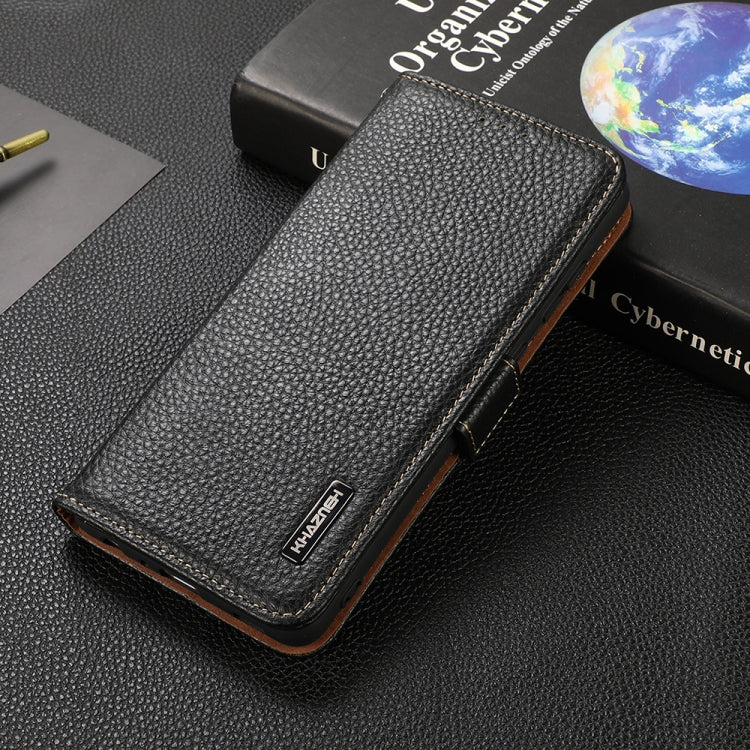 KHAZNEH Side-Magnetic Litchi Genuine Leather RFID Phone Case, For OnePlus 10 Pro 5G, For OnePlus N20 5G, For OnePlus 9, For OnePlus 9R, For OnePlus 9RT 5G, For OnePlus Nord 2 5G