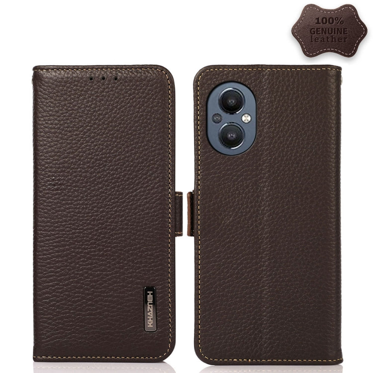 KHAZNEH Side-Magnetic Litchi Genuine Leather RFID Phone Case, For OnePlus 10 Pro 5G, For OnePlus N20 5G, For OnePlus 9, For OnePlus 9R, For OnePlus 9RT 5G, For OnePlus Nord 2 5G