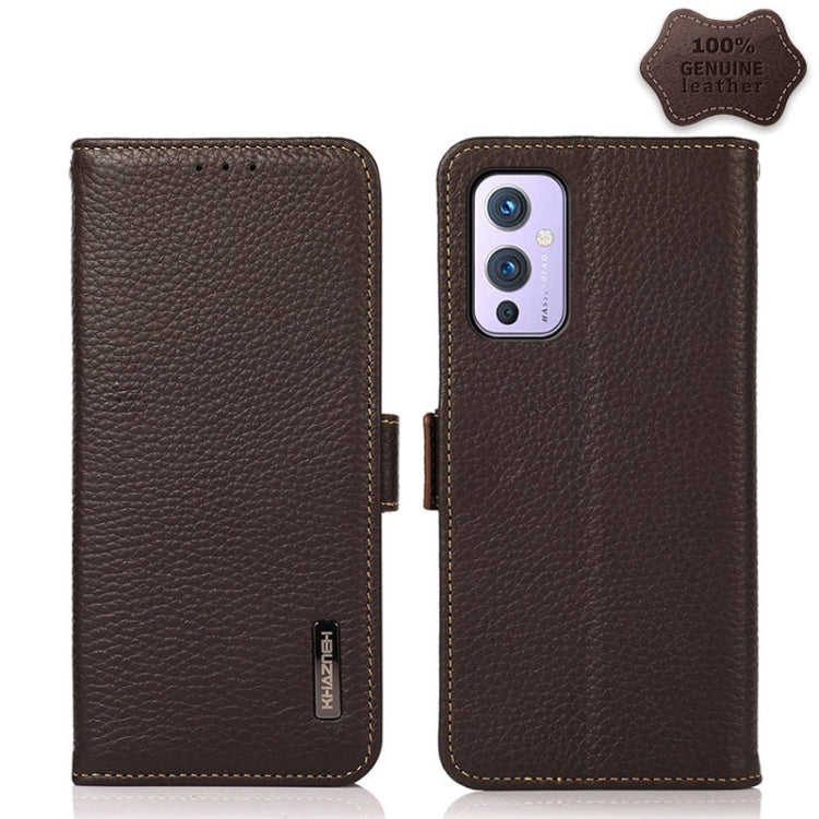 KHAZNEH Side-Magnetic Litchi Genuine Leather RFID Phone Case, For OnePlus 10 Pro 5G, For OnePlus N20 5G, For OnePlus 9, For OnePlus 9R, For OnePlus 9RT 5G, For OnePlus Nord 2 5G