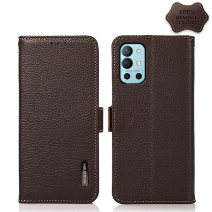 KHAZNEH Side-Magnetic Litchi Genuine Leather RFID Phone Case, For OnePlus 10 Pro 5G, For OnePlus N20 5G, For OnePlus 9, For OnePlus 9R, For OnePlus 9RT 5G, For OnePlus Nord 2 5G