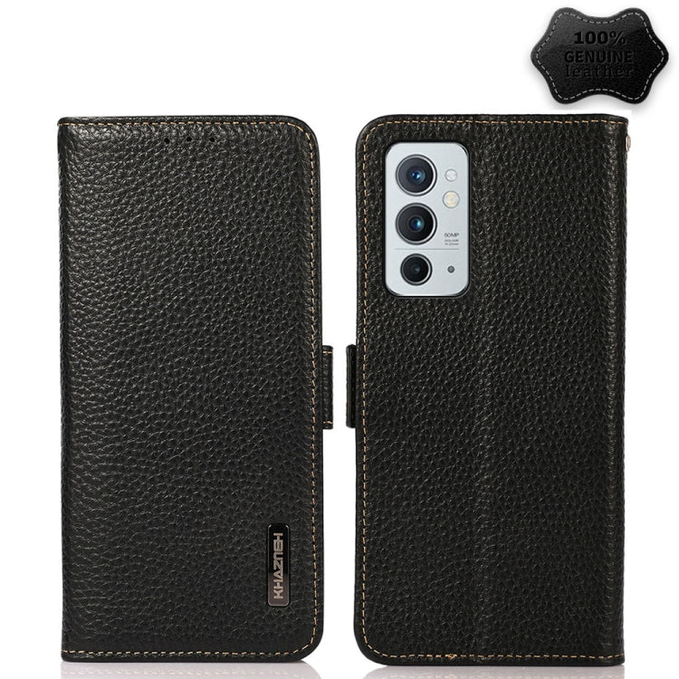 KHAZNEH Side-Magnetic Litchi Genuine Leather RFID Phone Case, For OnePlus 10 Pro 5G, For OnePlus N20 5G, For OnePlus 9, For OnePlus 9R, For OnePlus 9RT 5G, For OnePlus Nord 2 5G