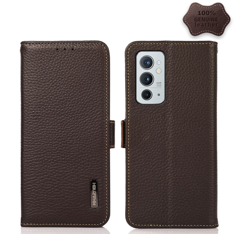 KHAZNEH Side-Magnetic Litchi Genuine Leather RFID Phone Case, For OnePlus 10 Pro 5G, For OnePlus N20 5G, For OnePlus 9, For OnePlus 9R, For OnePlus 9RT 5G, For OnePlus Nord 2 5G