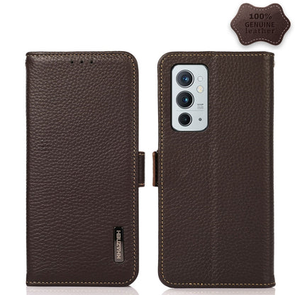 KHAZNEH Side-Magnetic Litchi Genuine Leather RFID Phone Case, For OnePlus 10 Pro 5G, For OnePlus N20 5G, For OnePlus 9, For OnePlus 9R, For OnePlus 9RT 5G, For OnePlus Nord 2 5G