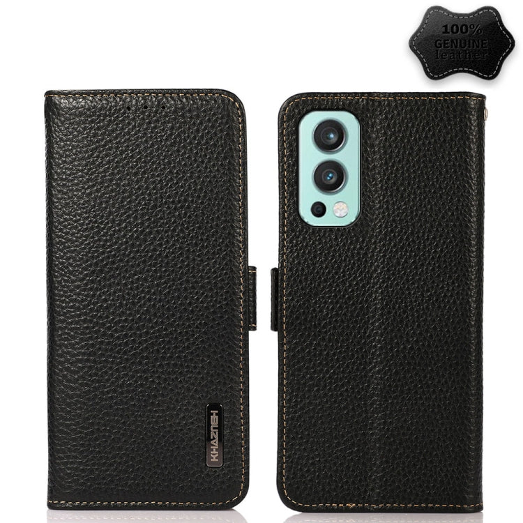 KHAZNEH Side-Magnetic Litchi Genuine Leather RFID Phone Case, For OnePlus 10 Pro 5G, For OnePlus N20 5G, For OnePlus 9, For OnePlus 9R, For OnePlus 9RT 5G, For OnePlus Nord 2 5G