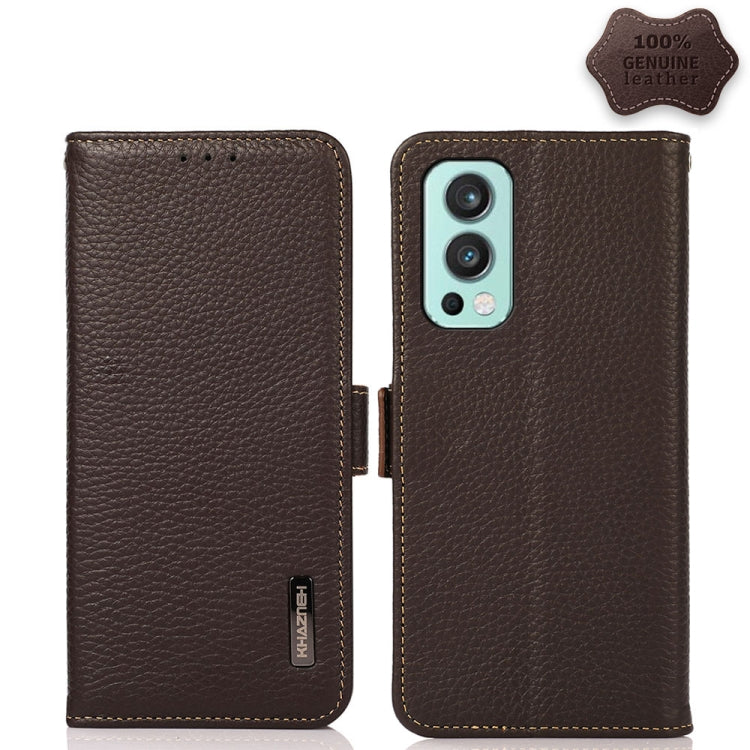 KHAZNEH Side-Magnetic Litchi Genuine Leather RFID Phone Case, For OnePlus 10 Pro 5G, For OnePlus N20 5G, For OnePlus 9, For OnePlus 9R, For OnePlus 9RT 5G, For OnePlus Nord 2 5G