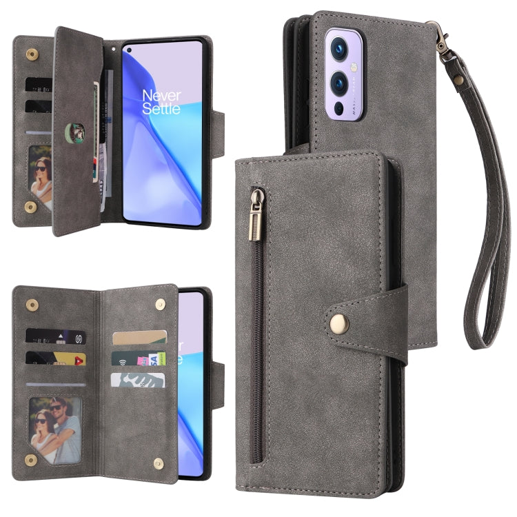 Rivet Buckle 9 Cards Three Fold Leather Phone Case, For OnePlus 9, For OnePlus 9 Pro, For OnePlus Nord 2