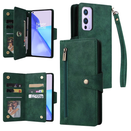 Rivet Buckle 9 Cards Three Fold Leather Phone Case, For OnePlus 9, For OnePlus 9 Pro, For OnePlus Nord 2
