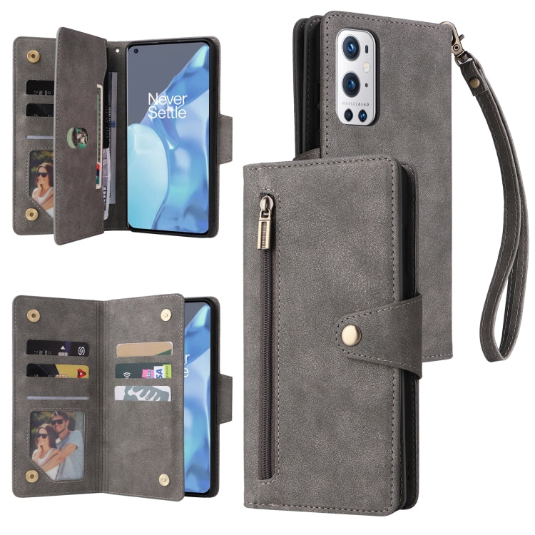 Rivet Buckle 9 Cards Three Fold Leather Phone Case, For OnePlus 9, For OnePlus 9 Pro, For OnePlus Nord 2