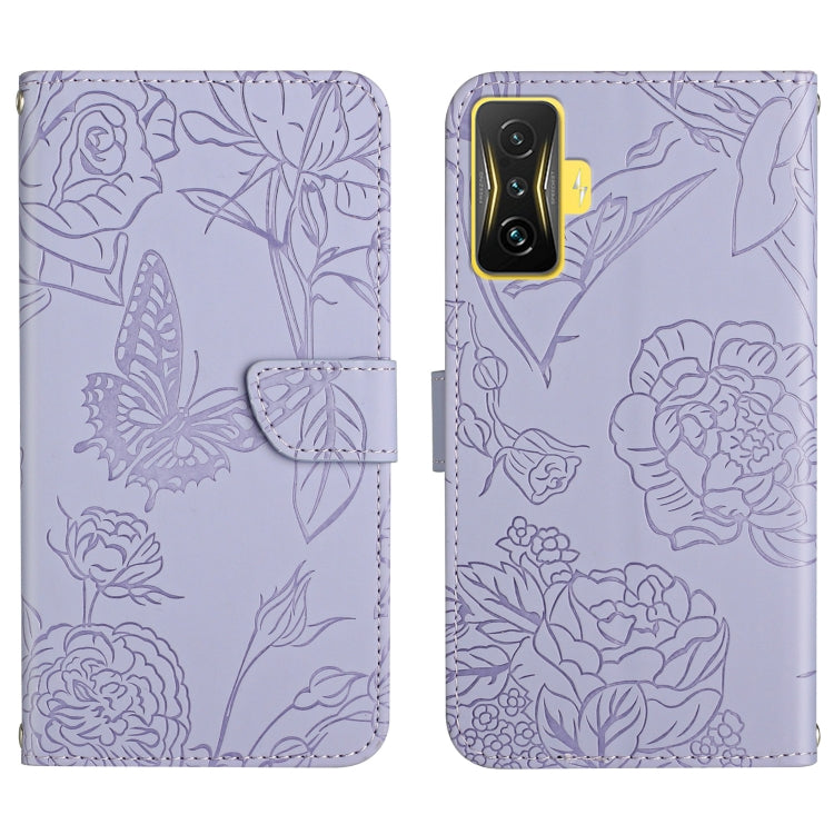 Skin Feel Butterfly Peony Embossed Leather Phone Case, For Samsung Galaxy M53, For Sharp Aquos R7, For Xiaomi Poco F4 GT