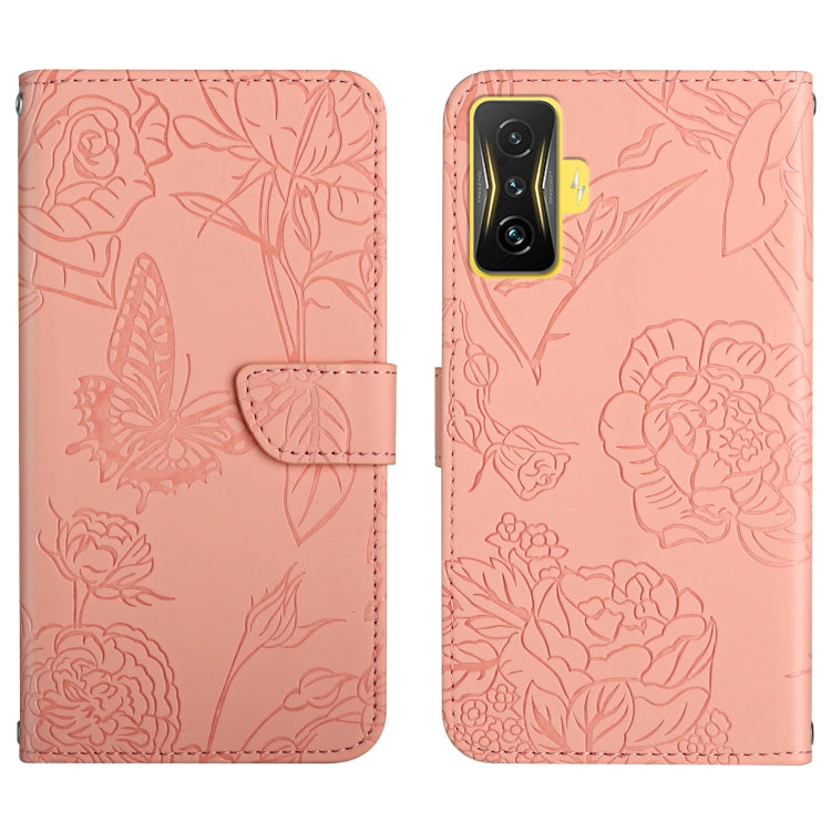 Skin Feel Butterfly Peony Embossed Leather Phone Case, For Samsung Galaxy M53, For Sharp Aquos R7, For Xiaomi Poco F4 GT