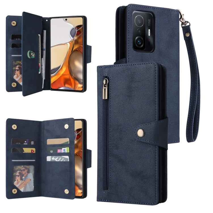 Rivet Buckle 9 Cards Three Fold Leather Phone Case, For Xiaomi 11T