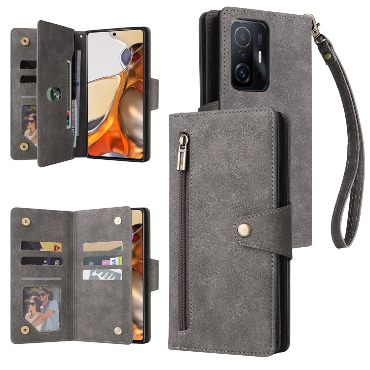 Rivet Buckle 9 Cards Three Fold Leather Phone Case, For Xiaomi 11T