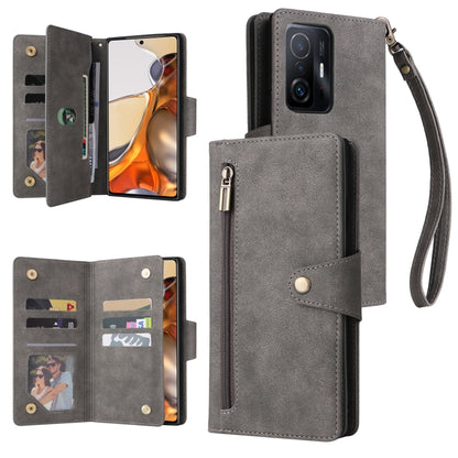 Rivet Buckle 9 Cards Three Fold Leather Phone Case, For Xiaomi 11T