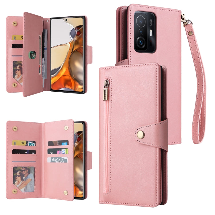 Rivet Buckle 9 Cards Three Fold Leather Phone Case, For Xiaomi 11T