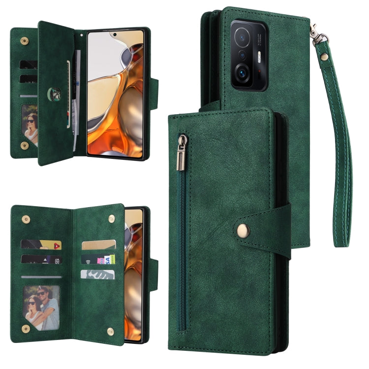 Rivet Buckle 9 Cards Three Fold Leather Phone Case, For Xiaomi 11T