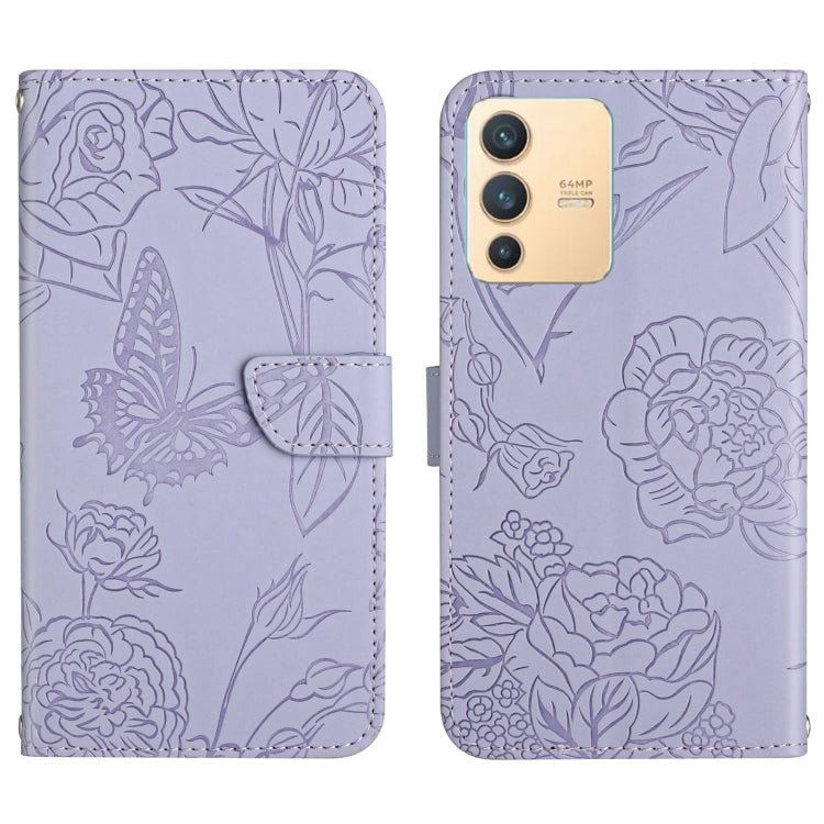 Skin Feel Butterfly Peony Embossed Leather Phone Case, For vivo V23 5G
