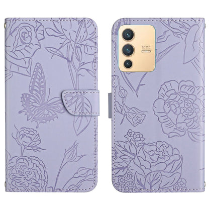 Skin Feel Butterfly Peony Embossed Leather Phone Case, For vivo V23 5G