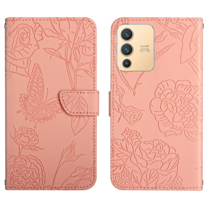 Skin Feel Butterfly Peony Embossed Leather Phone Case, For vivo V23 5G