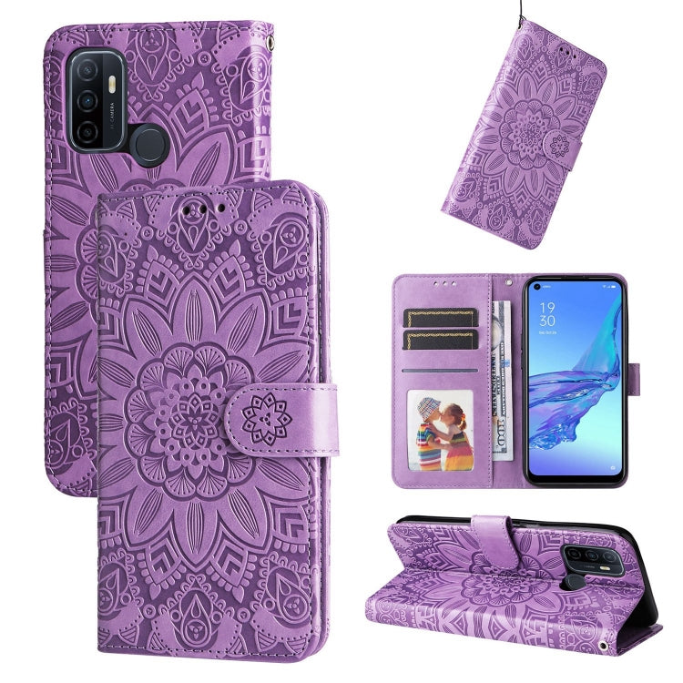 Embossed Sunflower Leather Phone Case, For OPPO A53 / A53s / A33 / A32, For OPPO A54 4G / A16 / A16s / A55 4G, For OPPO A57 5G / Realme V23, For OPPO A74 4G / F19 4G / A95 4G