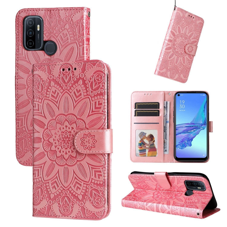 Embossed Sunflower Leather Phone Case, For OPPO A53 / A53s / A33 / A32, For OPPO A54 4G / A16 / A16s / A55 4G, For OPPO A57 5G / Realme V23, For OPPO A74 4G / F19 4G / A95 4G