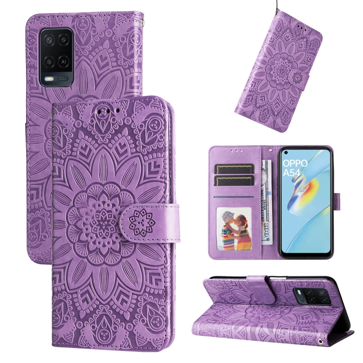 Embossed Sunflower Leather Phone Case, For OPPO A53 / A53s / A33 / A32, For OPPO A54 4G / A16 / A16s / A55 4G, For OPPO A57 5G / Realme V23, For OPPO A74 4G / F19 4G / A95 4G