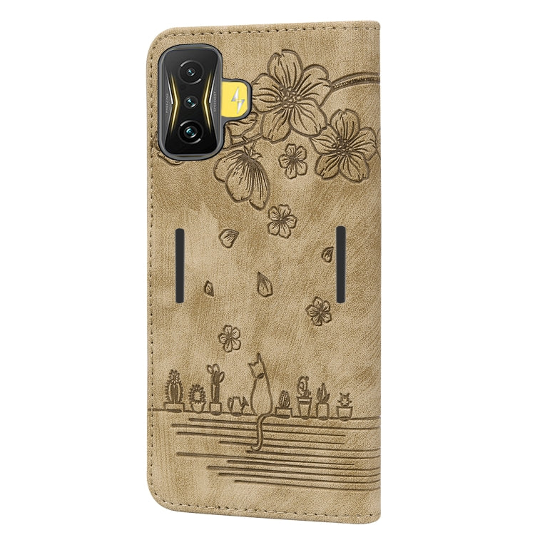 Cartoon Sakura Cat Embossed Leather Phone Case, For Xiaomi Poco F4 GT, For Xiaomi Poco M3 / Redmi 9T Global, For Xiaomi Poco X3 / X3 NFC, For Xiaomi Redmi K40 / K40 Pro