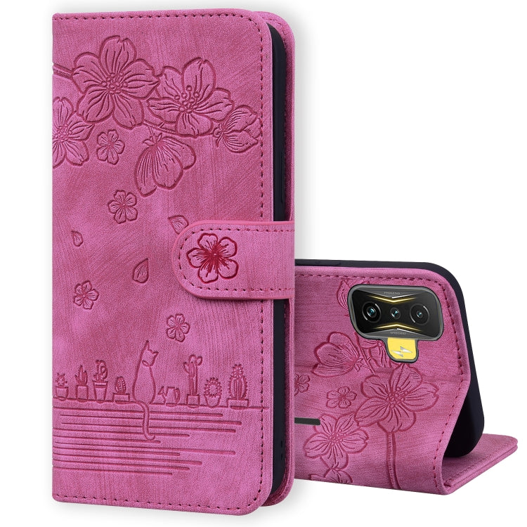 Cartoon Sakura Cat Embossed Leather Phone Case, For Xiaomi Poco F4 GT, For Xiaomi Poco M3 / Redmi 9T Global, For Xiaomi Poco X3 / X3 NFC, For Xiaomi Redmi K40 / K40 Pro