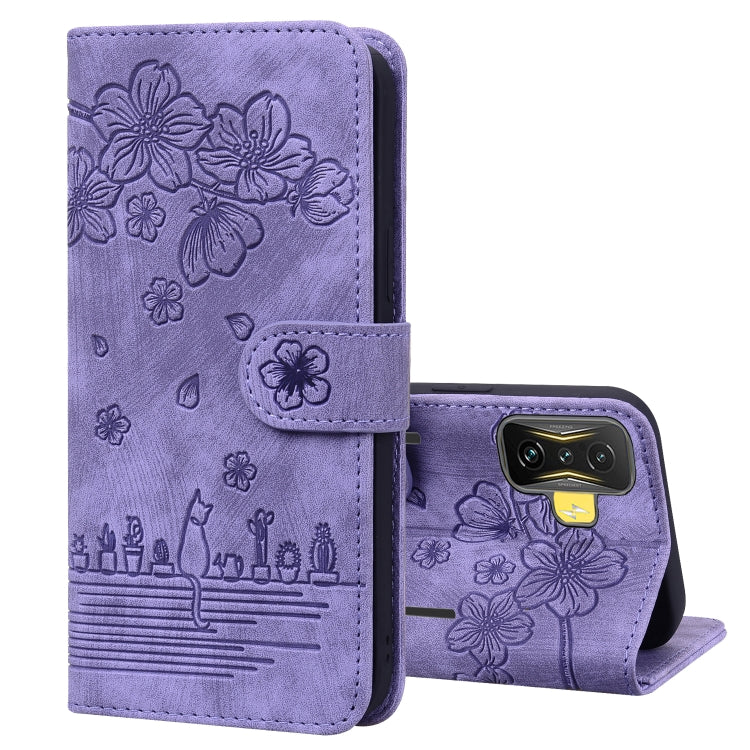 Cartoon Sakura Cat Embossed Leather Phone Case, For Xiaomi Poco F4 GT, For Xiaomi Poco M3 / Redmi 9T Global, For Xiaomi Poco X3 / X3 NFC, For Xiaomi Redmi K40 / K40 Pro