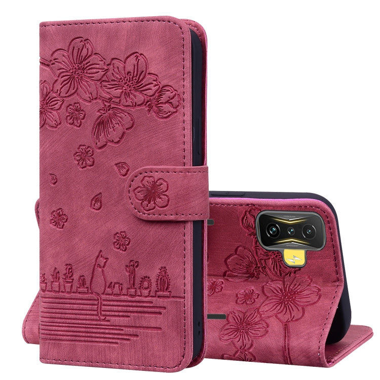 Cartoon Sakura Cat Embossed Leather Phone Case, For Xiaomi Poco F4 GT, For Xiaomi Poco M3 / Redmi 9T Global, For Xiaomi Poco X3 / X3 NFC, For Xiaomi Redmi K40 / K40 Pro