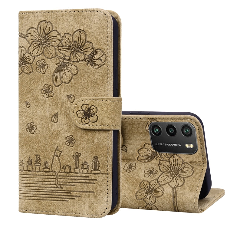 Cartoon Sakura Cat Embossed Leather Phone Case, For Xiaomi Poco F4 GT, For Xiaomi Poco M3 / Redmi 9T Global, For Xiaomi Poco X3 / X3 NFC, For Xiaomi Redmi K40 / K40 Pro