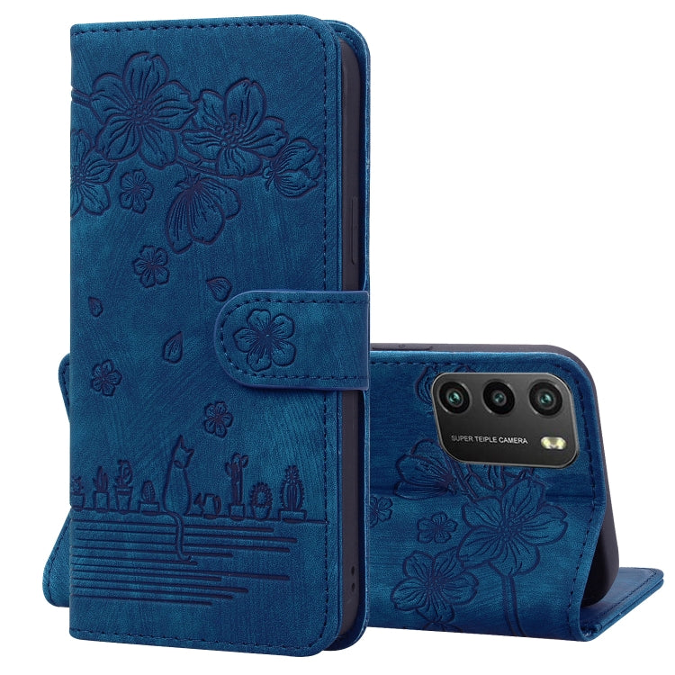 Cartoon Sakura Cat Embossed Leather Phone Case, For Xiaomi Poco F4 GT, For Xiaomi Poco M3 / Redmi 9T Global, For Xiaomi Poco X3 / X3 NFC, For Xiaomi Redmi K40 / K40 Pro
