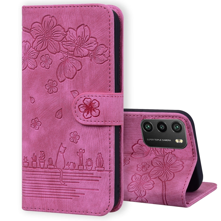 Cartoon Sakura Cat Embossed Leather Phone Case, For Xiaomi Poco F4 GT, For Xiaomi Poco M3 / Redmi 9T Global, For Xiaomi Poco X3 / X3 NFC, For Xiaomi Redmi K40 / K40 Pro
