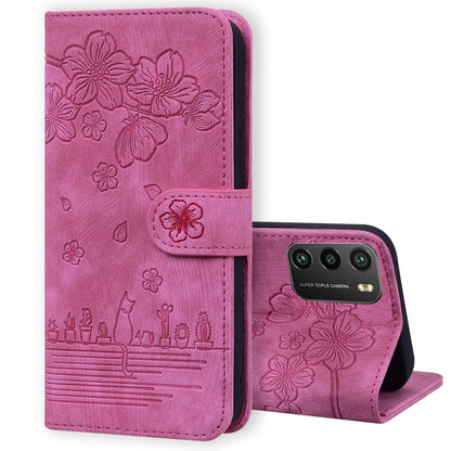 Cartoon Sakura Cat Embossed Leather Phone Case, For Xiaomi Poco F4 GT, For Xiaomi Poco M3 / Redmi 9T Global, For Xiaomi Poco X3 / X3 NFC, For Xiaomi Redmi K40 / K40 Pro